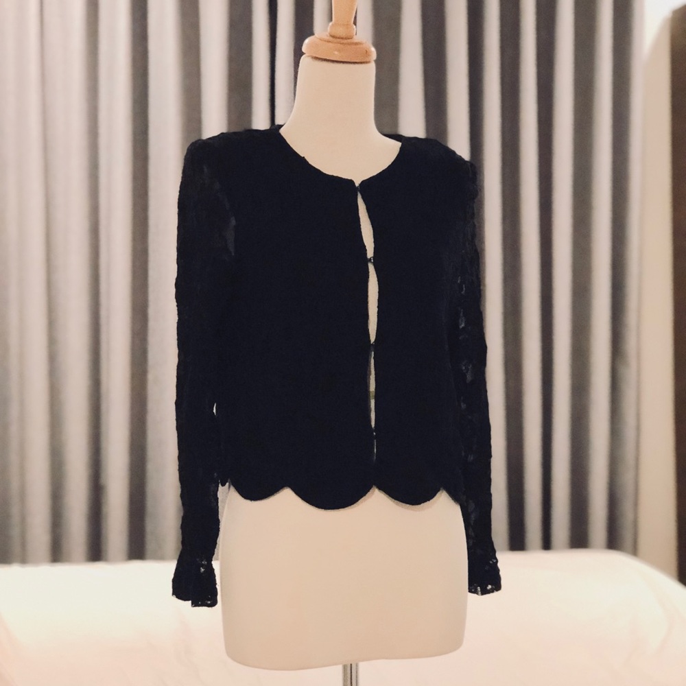 Black Classic Cropped Floral Lace Sheer Jacket S